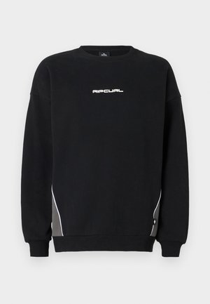 Sort sweatshirt lavet af bomuld, med rund hals, lange ærmer og hvid logo tekst. Sidelinjer i grå og hvid syning detalje.