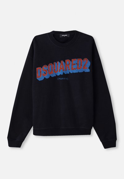 Zwarte katoen sweatshirt met een textuur graphic print in rood en blauw met de tekst "DSQUARED2 (PUFFY)" op de voorkant.