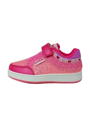 Sneaker rosa per bambini con texture glitterata, strap in velcro e dettagli a forma di cuore. Presenta una punta in pelle liscia e una suola ammortizzata.