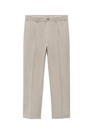Light beige trousers made of a cotton blend, featuring a straight leg design, front pleats, a button closure, and side pockets.