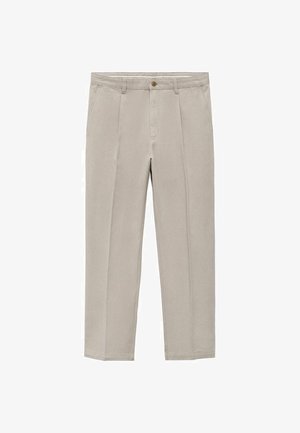 Lys beige bukser lavet af en bomuldsblanding, med et lige ben-design, frontfald, en knaplukning og sidelommer.