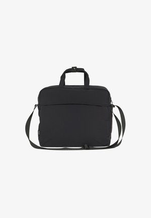 Schwarze, gepolsterte Laptoptasche mit zwei Griffen und einem abnehmbaren Schulterriemen. Verfügt über einen Reißverschluss und eine glatte Stoffstruktur.