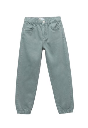 Jasnozielone bawełniane spodnie z elastycznym paskiem, dwoma przednimi kieszeniami i zwężającymi się nogawkami. Gładka tekstura i wzmocnione szwy.