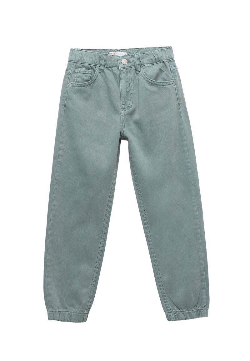 Jasnozielone bawełniane spodnie z elastycznym paskiem, dwoma przednimi kieszeniami i zwężającymi się nogawkami. Gładka tekstura i wzmocnione szwy.