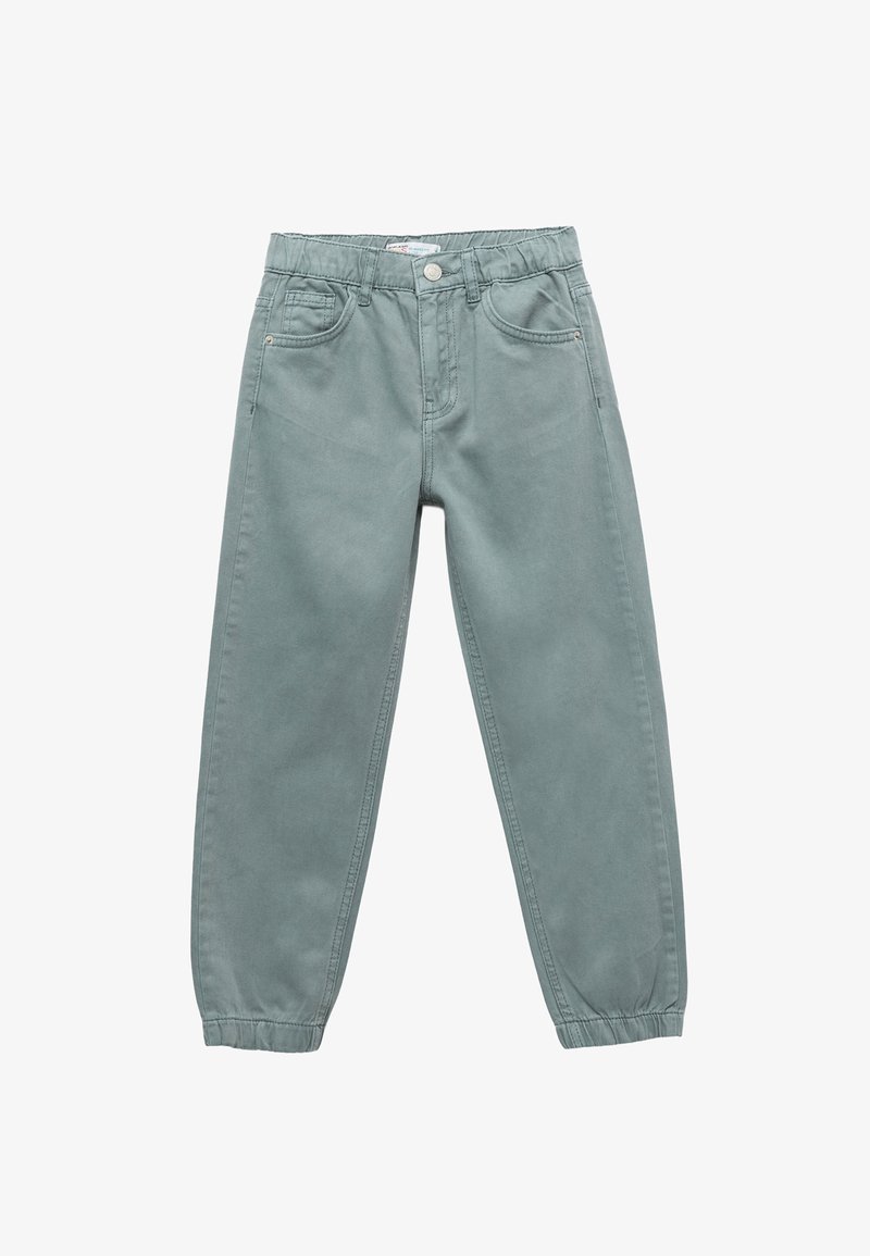 Jasnozielone bawełniane spodnie z elastycznym paskiem, dwoma przednimi kieszeniami i zwężającymi się nogawkami. Gładka tekstura i wzmocnione szwy.