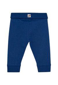 Blaue Babyhose mit gefaltetem Rippenbund und Bündchen, mit einem kleinen gestickten Tierpatch in der Mitte des Vorderbunds.
