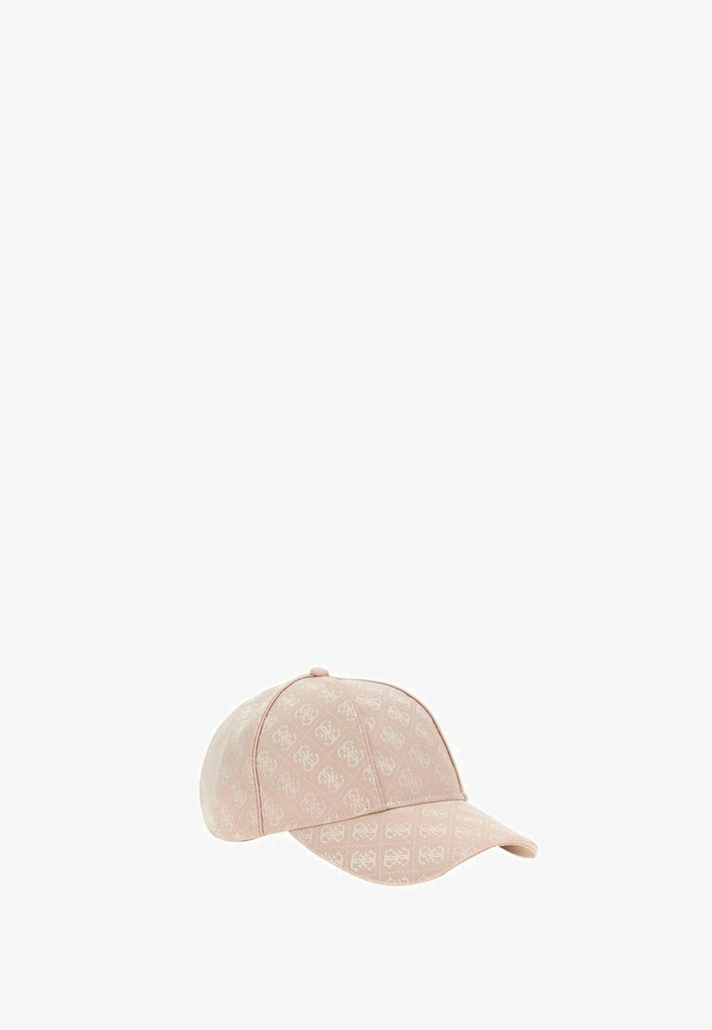 Rosa Baseballmütze aus einem Material mit einem dezenten Muster. Gebogener Schirm, strukturierte Krone und verstellbarer hinterer Riemen. Weiche Textur.