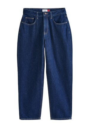 Tumši zili džinsa džinsi ar augstu jostasvietu, priekšējo pogu un rāvējslēdzēju, divas priekšējās kabatas un vaļēju taisnu bikšu kāju piegriezumu.