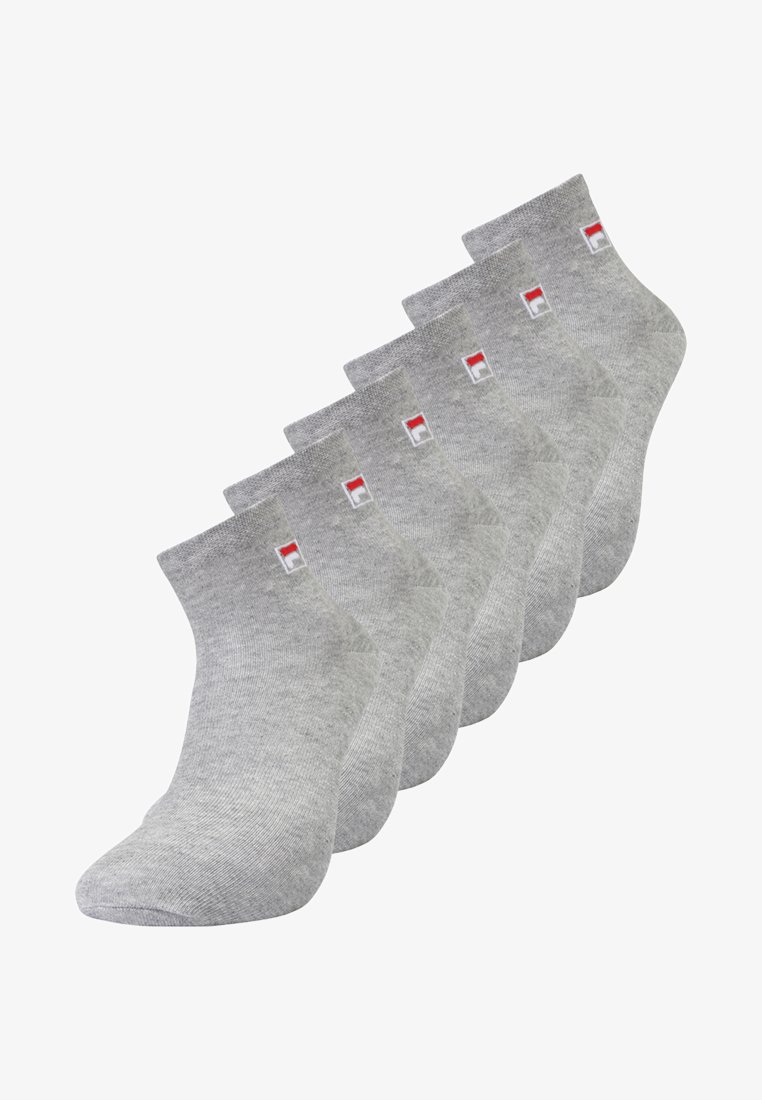 Five pairs of gray cotton ankle socks with ribbed cuffs and small red logo accents on the side. Textured, lightweight, and breathable fabric.