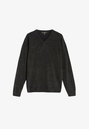 Donkergrijze v-hals trui gemaakt van een zachte, gestructureerde stof met lange mouwen en geribde manchetten, met een klassieke pasvorm en zonder patronen.