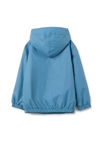 Helleblaue Kapuzenjacke aus glattem, wasserabweisendem Material. Verfügt über elastische Bündchen und einen gerafften Saum. Einfaches Design ohne sichtbare Hardware.