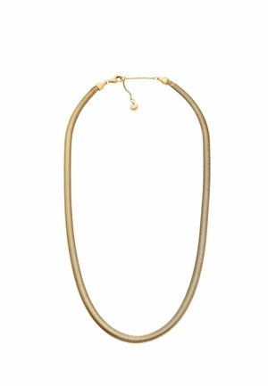 Collana in metallo dorato con un design flessibile e liscio. Dotata di chiusura a gancio e di una catena regolabile per variazioni di lunghezza.