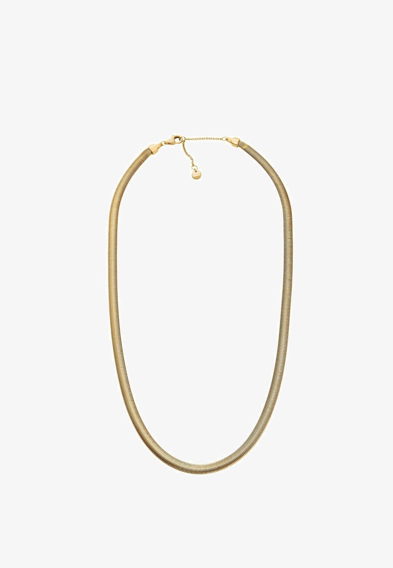 Guldtonet metalhalskæde med et fleksibelt, glat design. Har en lås til lukning og en justerbar kæde til længdevariation.