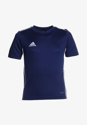 Marineblaues Adidas-Sportshirt mit kurzen Ärmeln und weißen Streifen auf Schultern und Seiten, mit dem Adidas-Logo auf der Brust.