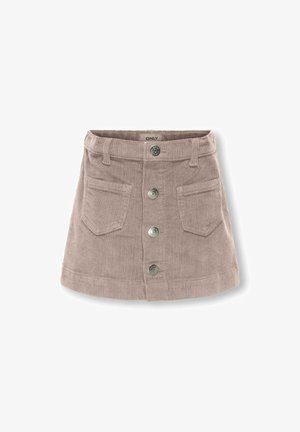 Mini spódnica z korduroju w jasnym beżu, z zapięciem na guziki z przodu, dwoma przednimi kieszeniami i lekko rozkloszowanym dołem. Płaska faktura, casualowy krój.