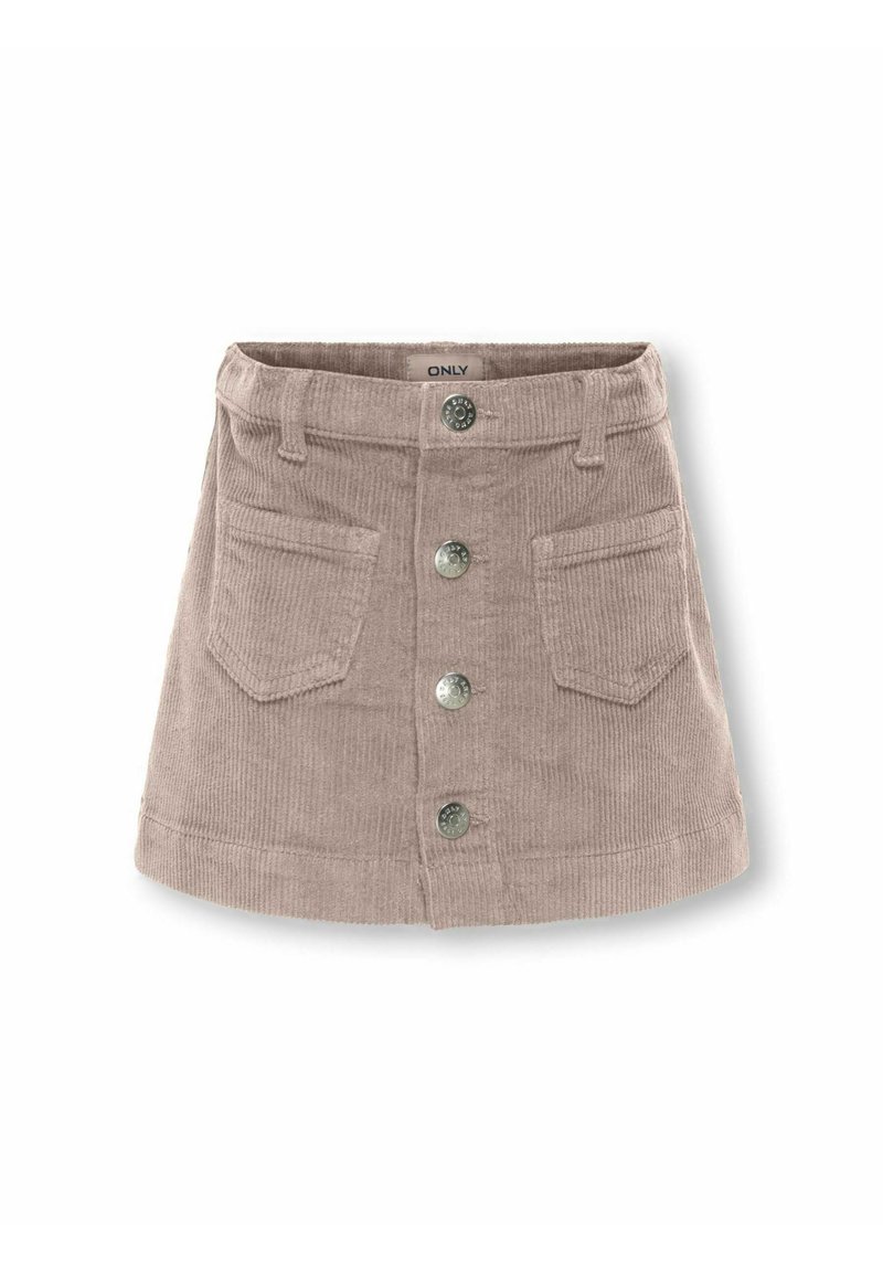 Mini spódnica z korduroju w jasnym beżu, z zapięciem na guziki z przodu, dwoma przednimi kieszeniami i lekko rozkloszowanym dołem. Płaska faktura, casualowy krój.