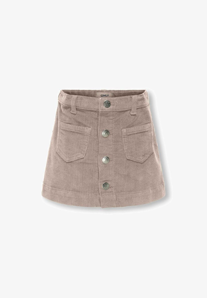 Mini spódnica z korduroju w jasnym beżu, z zapięciem na guziki z przodu, dwoma przednimi kieszeniami i lekko rozkloszowanym dołem. Płaska faktura, casualowy krój.