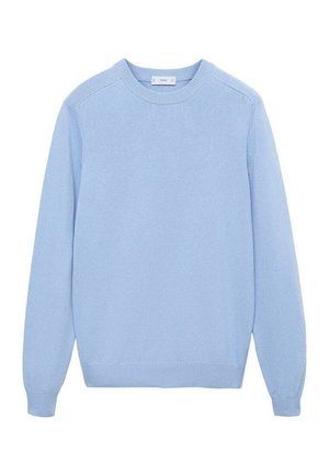 Maglione azzurro chiaro a maglia con colletto rotondo, polsini e orlo a coste. Presenta una superficie liscia e maniche lunghe. Nessun motivo o accento visibile.