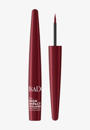 Eyeliner liquide rouge avec une fine pointe pinceau, étiqueté waterproof et longue tenue, avec un bouchon à côté du flacon ouvert.
