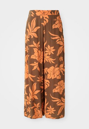 Brown wide-leg pants featuring an orange floral pattern. Smooth texture with a high waistband and side pockets. Casual and flowing design.