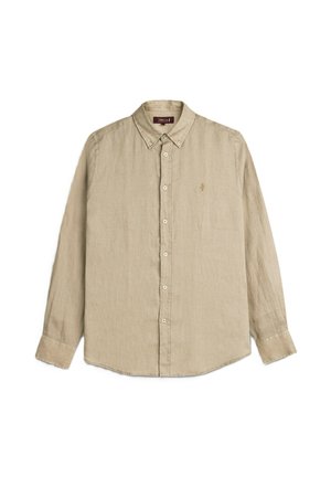 Camicia beige a maniche lunghe con bottoni e colletto abbottonato, con piccolo logo ricamato sul lato sinistro del petto.