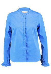 Blue long-sleeve blouse with ruffled cuffs, concealed front button placket, and small standing collar.