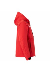 Giacca impermeabile rossa con cappuccio, dotata di zip frontale, polsini regolabili e un design elegante ed essenziale. Tessuto leggero senza motivi.