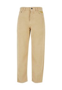 Pantaloni in corda beige con righe verticali, caratterizzati da un design a gamba dritta, cinque tasche, un bottone in metallo nero e un dettaglio del logo ricamato.
