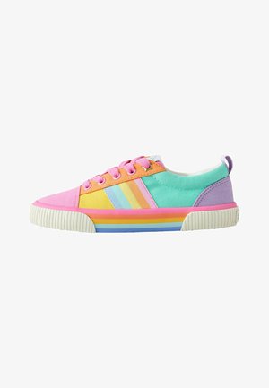 Colorful canvas sneaker featuring pink, yellow, green, and lavender sections, with a striped rubber sole and round lace-up design.