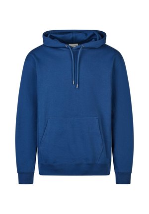 Blue hoodie featuring a kangaroo pocket, drawstring hood, ribbed cuffs, and a smooth cotton texture. Classic pullover design.