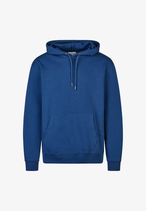 Blaues Hoodie mit Kängurutasche, Kordelzugkapuze, gerippten Bündchen und glatter Baumwolltextur. Klassisches Pulloverdesign.