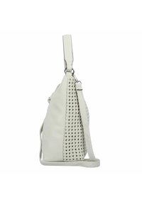 Sac blanc avec un côté en cuir lisse et un autre en texture tissée. Comprend une bandoulière réglable et des accents en métal argenté.