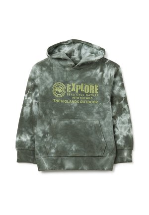 Felpa verde tie-dye realizzata in tessuto morbido. Presenta una tasca a marsupio, polsini a costine e una stampa grafica sul petto con testo e icone.