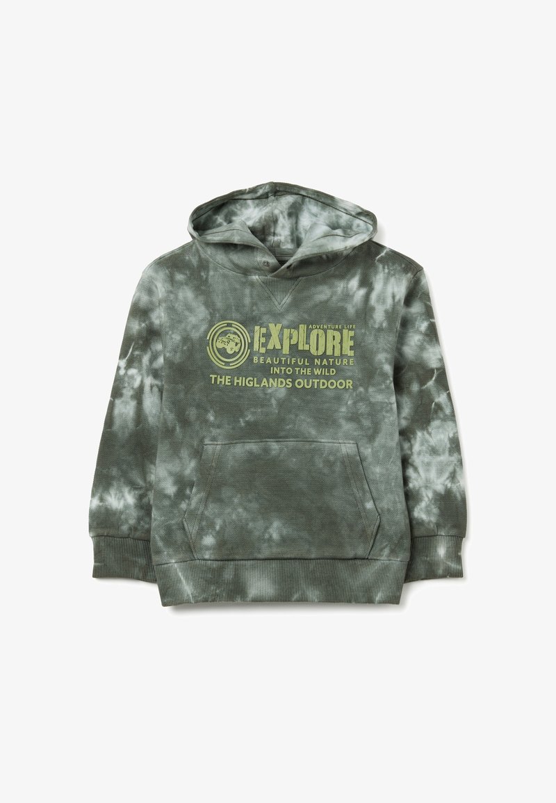 Sudadera verde con efecto tie-dye, hecha de una tela suave. Cuenta con un bolsillo tipo canguro, puños de canalé y una impresión gráfica en el pecho con texto e íconos.