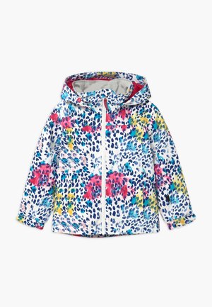 Veste à capuche pour enfants avec base blanche, imprimé floral multicolore et léopard bleu, fermeture éclair devant et manches longues.