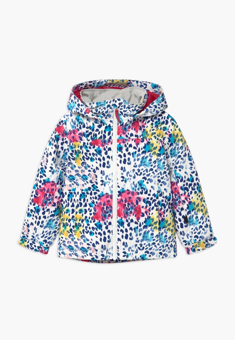 Veste à capuche pour enfants avec base blanche, imprimé floral multicolore et léopard bleu, fermeture éclair devant et manches longues.