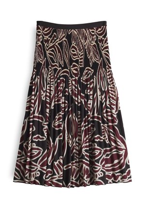 Zwarte rok met een smocktail, met gedurfde bordeauxrode en witte abstracte bladerenpatronen en geplooide stof voor textuur en flow.