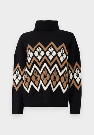 Pull noir à col haut avec un motif géométrique en beige, blanc et noir. Fabriqué en tissu tricoté avec des poignets et un ourlet côtelés.