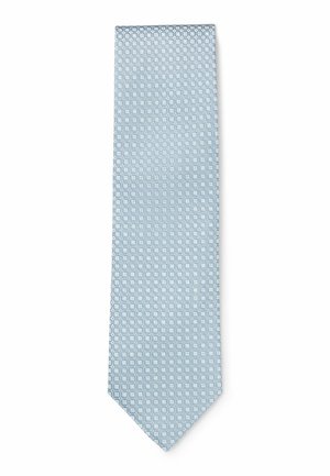 Cravatta azzurro chiaro con un sottile motivo geometrico di piccoli quadrati bianchi e blu su tutto il tessuto.