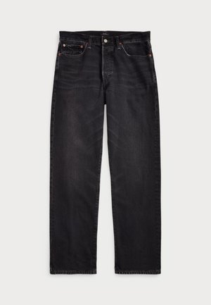 Jeans de mezclilla negra con un diseño de pierna recta, que presentan costuras en contraste, cierre de botón y cinco bolsillos. Tejido texturizado con un acabado suave.