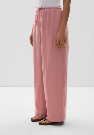 Lichte, wijdvallende broek in zachtroze stof, met een elastische tailleband en een trekkoord. Gladde textuur met een ontspannen pasvorm.