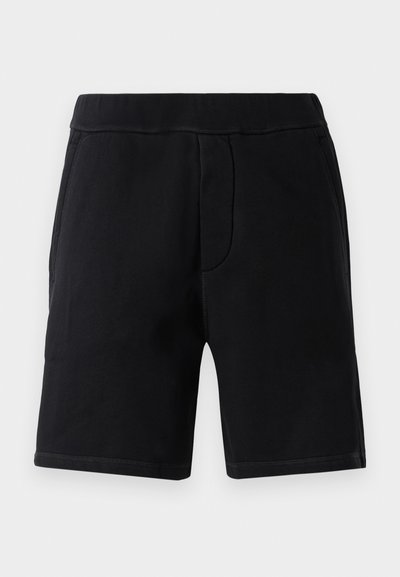 Shorts de sport noirs en matériau doux ; dotés d'une taille élastique, de deux poches latérales et de surpiqûres contrastantes.