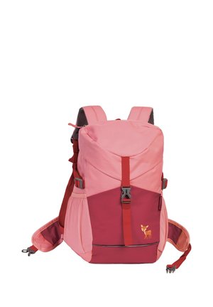 Roze en kastanjebruine rugzak met gewatteerde banden, zijvakjes van gaas, sluiting met gesp aan de voorkant en een klein hertenlogo op het voorvak.