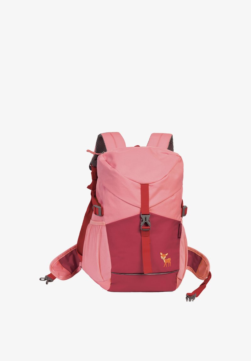 Sac à dos rose et marron avec bretelles rembourrées, poches latérales en filet, fermeture à boucle à l'avant, et un petit logo de cerf sur la poche avant.