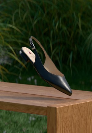 Zapato plano de cuero negro con talón abierto, puntera puntiaguda y correa ajustable con hebilla, mostrado sobre una mesa de madera con fondo de follaje verde.