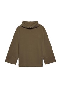 Olivgrön sweatshirt med hög halsringning, trekvartsärmar, avslappnad passform och mjukt, strukturerat tyg. Sömdetaljering längs nederkanten.