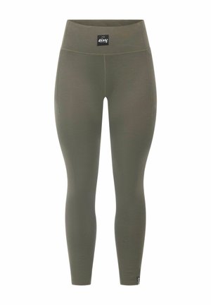 Leggings vert olive en tissu texturé et extensible. Taille haute et silhouette ajustée, avec une étiquette de marque noire à la taille.