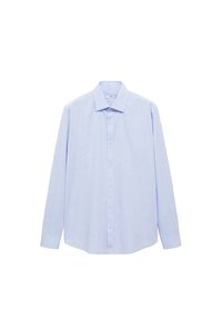 Cămașă lungă cu mânecă, de culoare albastru deschis, realizată dintr-un material țesut, având guler clasic și închidere cu butoni pe toată lungimea, cu un croi drept și fără modele.