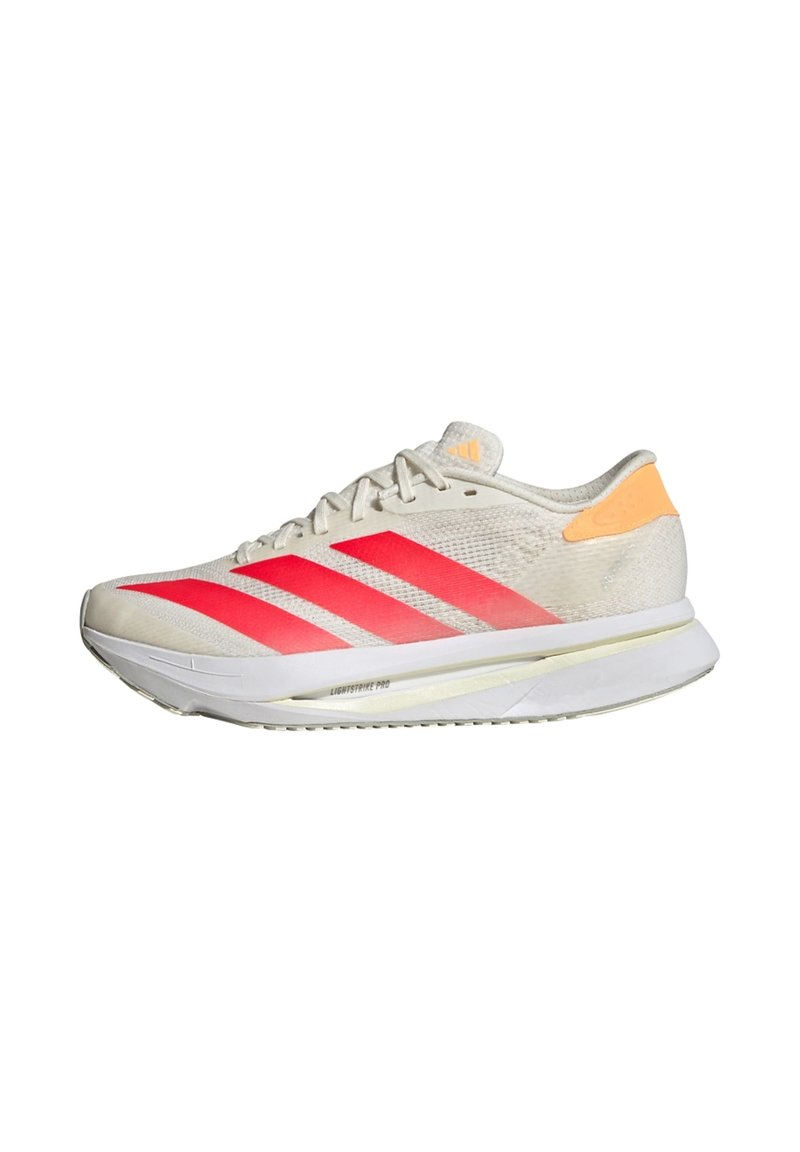 Lightweight running shoe with a cream upper, featuring bold pink stripes, a textured mesh design, and a yellow accent on the heel.