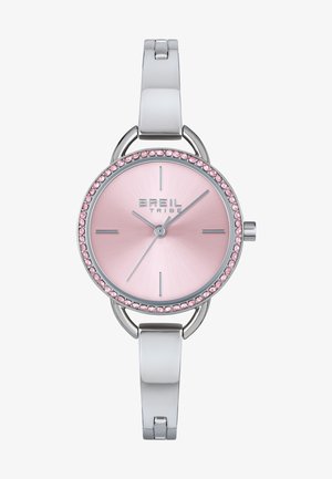 Zilveren horloge met een roze textuur dial omringd door een ring van kleine roze stenen, met eenvoudige uur markers en een slank metalen armband.